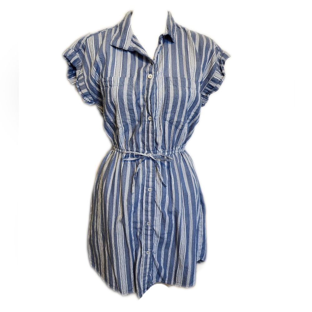 Japna blue & white striped elastic waist mini shirt dress, button up, size M